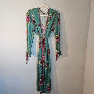 Free People lrg green floral duster gown vacation resort boho garden artsy